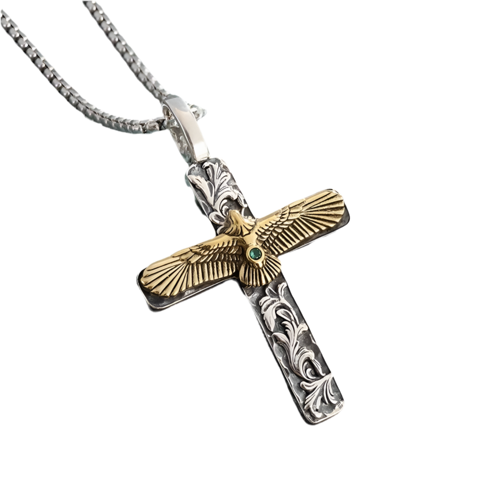 Kreuz Anhänger mit einem Adler in Gold Edelstahl Halskette vintage Unisex